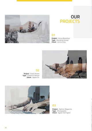 10
OUR
PROJECTS
01
Project : Amira Branding
Type : Branding Design
Client : Amira Corp
02
Project : Event Poster
Type : Graphich Design
Client : Apple Inc
03
Project : Fashion Magazine
Type : Photography
Client : Agate Harrington
 