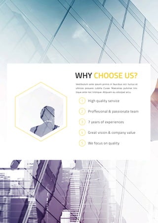 11
WHY CHOOSE US?
1 High quality service
Vestibulum ante ipsum primis in faucibus orci luctus et
ultrices posuere cubilia Curae; Maecenas pulvinar tris-
tique ante nec tristique. Aliquam eu volutpat arcu,
2 Proffesional & passionate team
3 7 years of experiences
4 Great vision & company value
5 We focus on quality
 