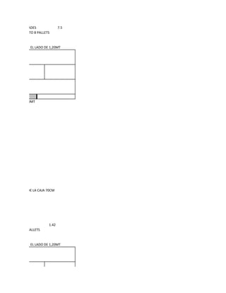 R PALLET 200 UNIDADES               7.5
AS 38 CAJAS NECESITO 8 PALLETS


ALLET VISTO DESDE EL LADO DE 1,20MT




              1,20MT




   TOTAL ALTURA DE LA CAJA 70CM




 LET 420 UNIDADES            1.42
CAJAS NECESITO 2 PALLETS


ALLET VISTO DESDE EL LADO DE 1,20MT
 