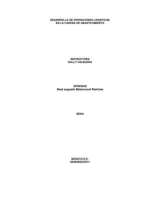 DESARROLLO DE OPERACIONES LOGISTICAS<br />EN LA CADENA DE ABASTECIMIENTO<br />INSTRUCTORA<br />DOLLY VALBUENA<br />APRENDIZ<br />Noel augusto Betancourt Ramírez<br />SENA<br />BOGOTA D.C.<br />29/MARZO/2011<br />TALLER  No. 1<br />UNITARIZACION<br />Defina unitarizar la carga.<br />Reunión o agrupación de cierto número de artículos o bultos en un solo conjunto con el propósito de facilitar su manipulación, estiba, almacenamiento, transporte o utilización posterior de su contenido.<br />¿Cuáles son las ventajas de unitarizar?<br />Que solo hay un movimiento<br />Reduce espacios y costos <br />Reduce el riesgo de daño del producto <br />¿Qué tipos de palet existen, cuanto miden y cuáles son las ventajas de paletizar?<br />TIPOS <br />Existen diferentes tipos de palets según su función o utilización:<br />Recuperable: es el palet adecuado para ser utilizado en múltiples ciclos o rotaciones en la distribución.<br />De un solo uso o fondo perdido: palet destinado a ser desechado después de un solo ciclo de utilización.<br />Intercambiable: es el palet que se puede sustituir por otro de iguales características en base a un mutuo convenio entre empresas.<br />También podríamos diferenciar entre los distintos materiales con los que se fabrican actualmente los palets, madera, plástico, cartón, papel y cartón, etc. <br />VENTAJAS <br />La paletización nos permite obtener considerables ahorros en los sistemas de distribución, y entre sus principales ventajas destacan:<br />Minimización en los tiempos de las operaciones de carga y descarga, ya que se producen menos manipulaciones en la mercancía.<br />Optimización del espacio de almacenamiento al permitir mayores alturas del apilado. Mejor aprovechamiento de los espacios de carga y vehículos.<br />Reducción del riesgo de roturas y pérdidas durante la manipulación y el transporte, ya que se manejan cargas con mayor peso y volumen, y se reducen el número de manipulaciones totales.<br />En síntesis podemos afirmar que una buena elección del tipo y característica del palet asegura un buen destino final de la mercancía, así como una buena y eficiente gestión en la distribución. <br />13487404476750013487402476500013487409525000500 mm     0,5 m 400 mm     0,4 m600 mm     0,6 m <br />1996440252095001196340252095002005965996950012058659969500TEUS         20 PIES     25000 Kg FEUS       40 PIES     40000 Kg <br />5. Queremos saber cuántas cajas de 500 x 400 x 60 milimetros y 37Kg de peso nos cabríanen un contenedor TEU Y en un FEU.<br />8153401689100025000  Kg    =  6.756 Kg 37 Kg <br />8153401708150040000 Kg     = 10310 Kg 37 Kg  <br />6. Cuantos contenedores TEU Y cuantos FEU necesito para llevar 3850 cajas que miden<br />L: 60 cm A: 30 cm y Alto 300 cm y cada caja pesa 58 kilos. Calcule costos teniendo en<br />cuenta que alquilar un TEU= $ 83.000 y un FEU = $183.000<br />213931523799800040576523799800069151532258000Peso de caja : 58 Kg Teu: 83.000Feu: 183.000                 6 m      =  20 6 m     =  10                0,3 m             0,6 m <br />            <br />348615185420002,4 m   =   8 2,4 m   = 8 <br />218694015240000,3 m0,3 m<br />            <br />348615185420002,4 m   =   4 2,4 m   = 8 <br />218694015240000,6 m0,3 m<br />          Total = 640             Total = 640 <br />348615163195003850      = 6,01 Serian 6 Contenedores <br /> 640 <br />6 Conte x 640 = 3840 1 Conte levo 10 <br />348615163195003850      = 3,00<br /> 1250 <br />7 Contendores de 20 <br />4 contenedores de 40 <br />183.000 x 3 = 549.000<br />63.000 x 6 = 496.000 <br />7. Cuantos pales o unidades de carga debo armar para llevar 5000 cajas vía aérea teniendo<br />en cuenta que cada una (unidad de carga) no debe de pesar más de 450 kilos y no debe<br />de ser más alta de 1.60 cm. (no usaremos, contenedores); las cajas tiene la siguiente<br />medida L: 60 cm A: 30 cm y Alto 300 cm y cada caja pesa 38 kilos<br />Usaremos tarimas o estibas que miden 120*100*15 centímetros y pesan 15 kilos cada una.<br />11201406286500L = 60 CM 120m x 1m x 0,15m Peso de:  15 Kg A = 30 CM Caja  H = 30 CM <br />184404018986500348615189865001.20 m   = 2m                       120 m     =  4 m0,06 m      0,3 m <br />184404018986500348615189865001 m   = 3.33 m                       1 m     =  1.666 m0,3 m      0,6  m <br />28194016002000450       =  11.8 Cajas y dos niveles <br />38 <br />TALLER No. 2<br />UNITARIZACION DE CARGAS<br />1. Resuelva los siguientes ejercicios y establezca la relación peso volumen para cada transporte.<br />· Cuantos contenedores necesito para llevar 3000 cajas que miden L: 60 cm A: 40<br />cm y Alto 30 cm y cada caja pesa 70 kilos.<br />Contenedor de 20 pies <br />3676651733550025.000 Kg       =  357.14 Kg <br />    70 Kg <br />37490409906000<br />291465167640006 m        = 10             6 m     =  20             6 m     = 15     =3000 <br />2491740-3175001443990-3175000.6 m       0,3 m            0,4 m En un contenedor <br />Caben las 300 cajas <br />2,40     = 4      2,40     =  8               240 m  = 6      = 192 <br />256794063500141541563500358140635000,6 m      0,3 m 0,4 m <br />· Cuantos pales o unidades de carga debo armar para llevar 500 cajas vía aérea teniendo en cuenta que cada una (unidad de carga) no debe de pesar mas de 450 kilos y no debe de ser más alta de 1.60 cm. (no usaremos, contenedores).<br />Nota: Para ambos transporte usaremos tarimas o estibas que miden 120*100*15 centímetros y pesan 15 kilos cada una.<br />450 – 15 = Se 435 Kilos Cuantas cajas debo llear en una tarima: <br />500 Cajas / 435 Kilos = 1,14 <br />Cajas 50 x 30 x 40 <br />- Una empresa comercializadora necesita importar un producto para distribuirlo en<br />el mercado nacional. Para ello cuenta con dos proveedores ubicados en distintas<br />partes del mundo.<br />Proveedor A.<br />Precio del producto según el volumen adquirido:<br />Cantidad (unidades)<br />Hasta 5,000<br />Hasta 10,000<br />Hasta 25,000<br />Hasta 50,000<br />Hasta 100,000<br />Más de 100,000<br />Precio Unitario (USD)<br />2.60<br />2.50<br />2.20<br />2.00<br />1.75<br />1.50<br />El producto se embala en cajas de cartón corrugado de 50x30x40 cms., cada una conteniendo 75 unidades y con un peso unitario de 40 kgs. La carga viene entarimada con tarimas de 120x100x15 cms. y 15 kgs. de peso.<br />YO ESCOJERIA ESTE PROVEEDOR POR QUE ME CABEN MAS CAJAS Y CON ESO PODRE ENTREGAR EL VALOR QUE ME EXIGEN … <br />Proveedor B.<br />Precio del producto según el volumen adquirido:<br />Cantidad (unidades)<br />Hasta 10,000<br />Hasta 20,000<br />Hasta 40,000<br />Hasta 60,000<br />Hasta 80,000<br />Hasta 100,000<br />Más de 100,000<br />Precio Unitario (USD$)<br />3.00<br />2.90<br />2.80<br />2.70<br />2.50<br />2.40<br />2.30<br />El producto se embala en cajas de cartón corrugado de 50x50x50 cms., cada<br />una conteniendo 150 unidades y con un peso unitario de 80 kgs. La carga viene<br />entarimada con tarimas de 120x100x15 cms. y 15 kgs. de peso<br />Los proveedores embarcan vía marítima con los siguientes costos (cantidades en<br />Concepto20’ Dry40’ Dry40’ HCFlete$1,200$1,500$1,600Apertura de puerta228x223228x223 cms.231x256 cms.Cap. máxima de lacarga18 tons26 tons26 tons<br />USD$):<br />Cual proveedor escogería teniendo en cuenta que se necesitan 10000 unidades de producto.<br />