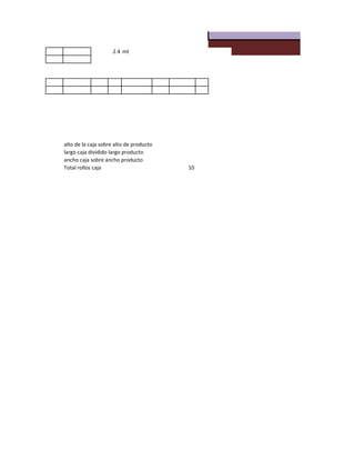 2.4 mt




alto de la caja sobre alto de producto
largo caja dividido largo producto
ancho caja sobre ancho producto
Total rollos caja                        10
 