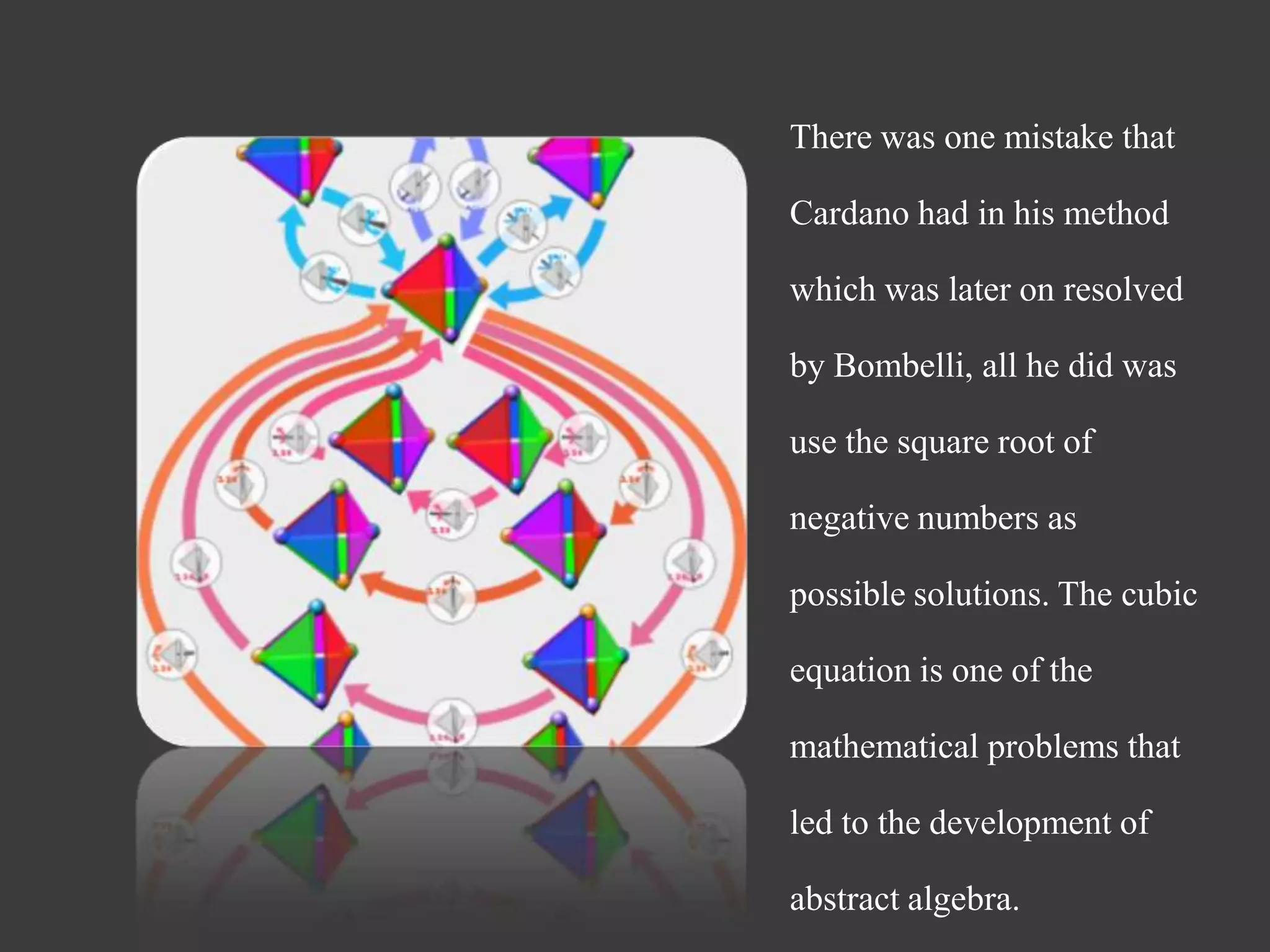There was one mistake that
Cardano had in his method
which was later on resolved
by Bombelli, all he did was
use the square root of
negative numbers as
possible solutions. The cubic
equation is one of the
mathematical problems that
led to the development of
abstract algebra.
 