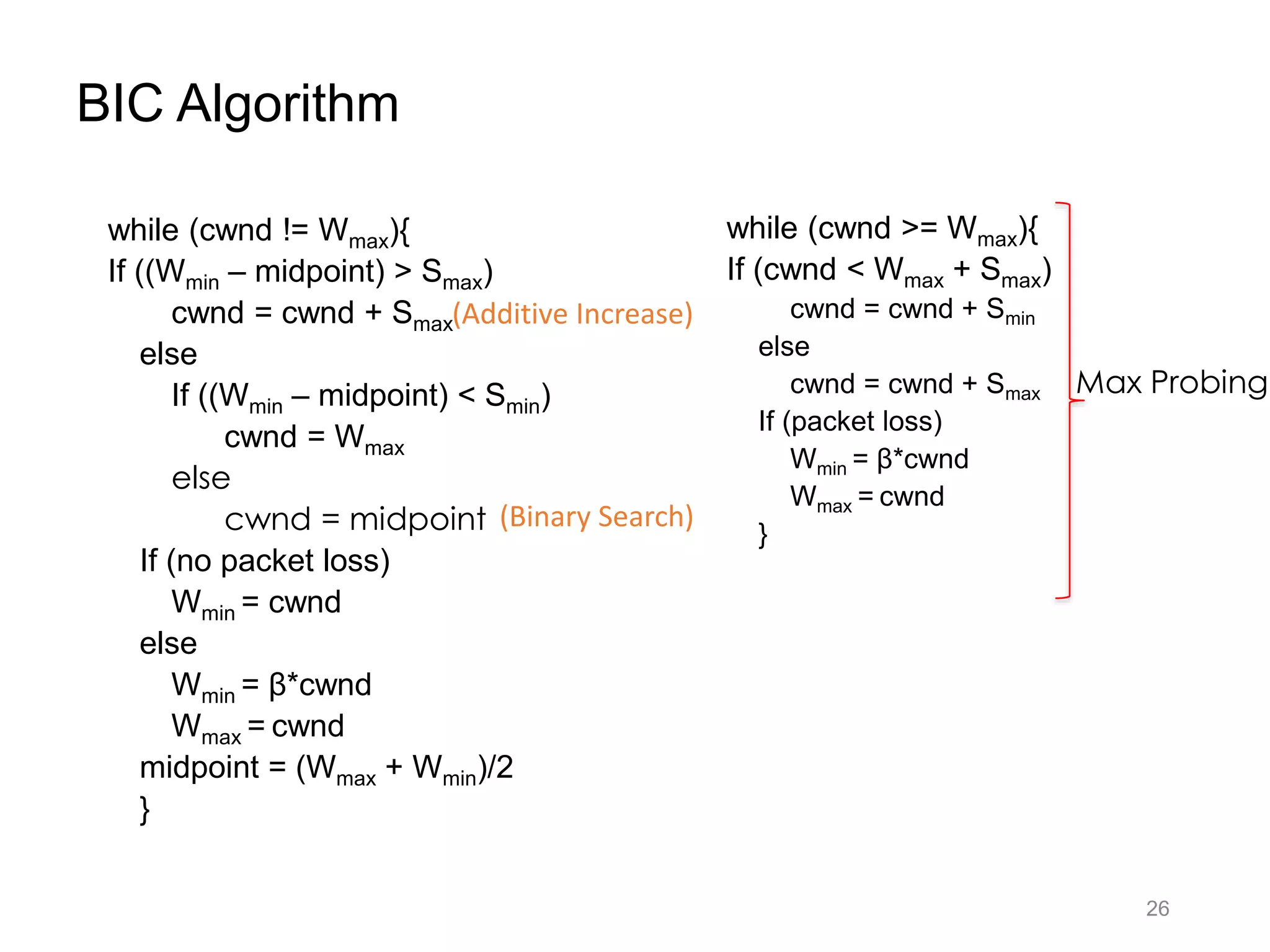 BIC Algorithm
while (cwnd != Wmax){
If ((Wmin – midpoint) > Smax)
cwnd = cwnd + Smax
else
If ((Wmin – midpoint) < Smin)
cwnd = Wmax
else
cwnd = midpoint
If (no packet loss)
Wmin = cwnd
else
Wmin = β*cwnd
Wmax = cwnd
midpoint = (Wmax + Wmin)/2
}
(Additive Increase)
(Binary Search)
26
while (cwnd >= Wmax){
If (cwnd < Wmax + Smax)
cwnd = cwnd + Smin
else
cwnd = cwnd + Smax
If (packet loss)
Wmin = β*cwnd
Wmax = cwnd
}
Max Probing
 