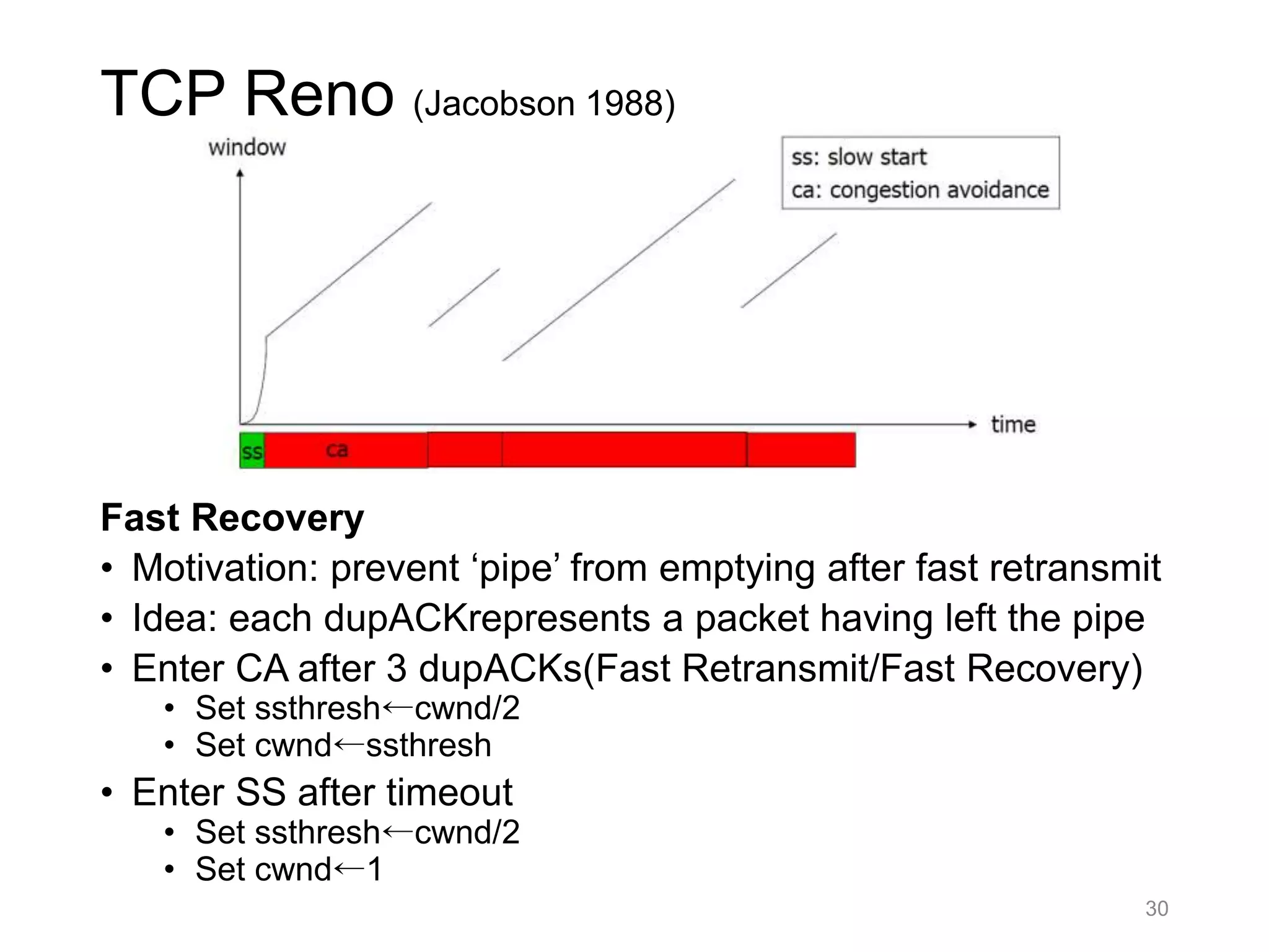 TCP Reno (Jacobson 1988)
Fast Recovery
• Motivation: prevent ‘pipe’ from emptying after fast retransmit
• Idea: each dupACKrepresents a packet having left the pipe
• Enter CA after 3 dupACKs(Fast Retransmit/Fast Recovery)
• Set ssthresh←cwnd/2
• Set cwnd←ssthresh
• Enter SS after timeout
• Set ssthresh←cwnd/2
• Set cwnd←1
30
 