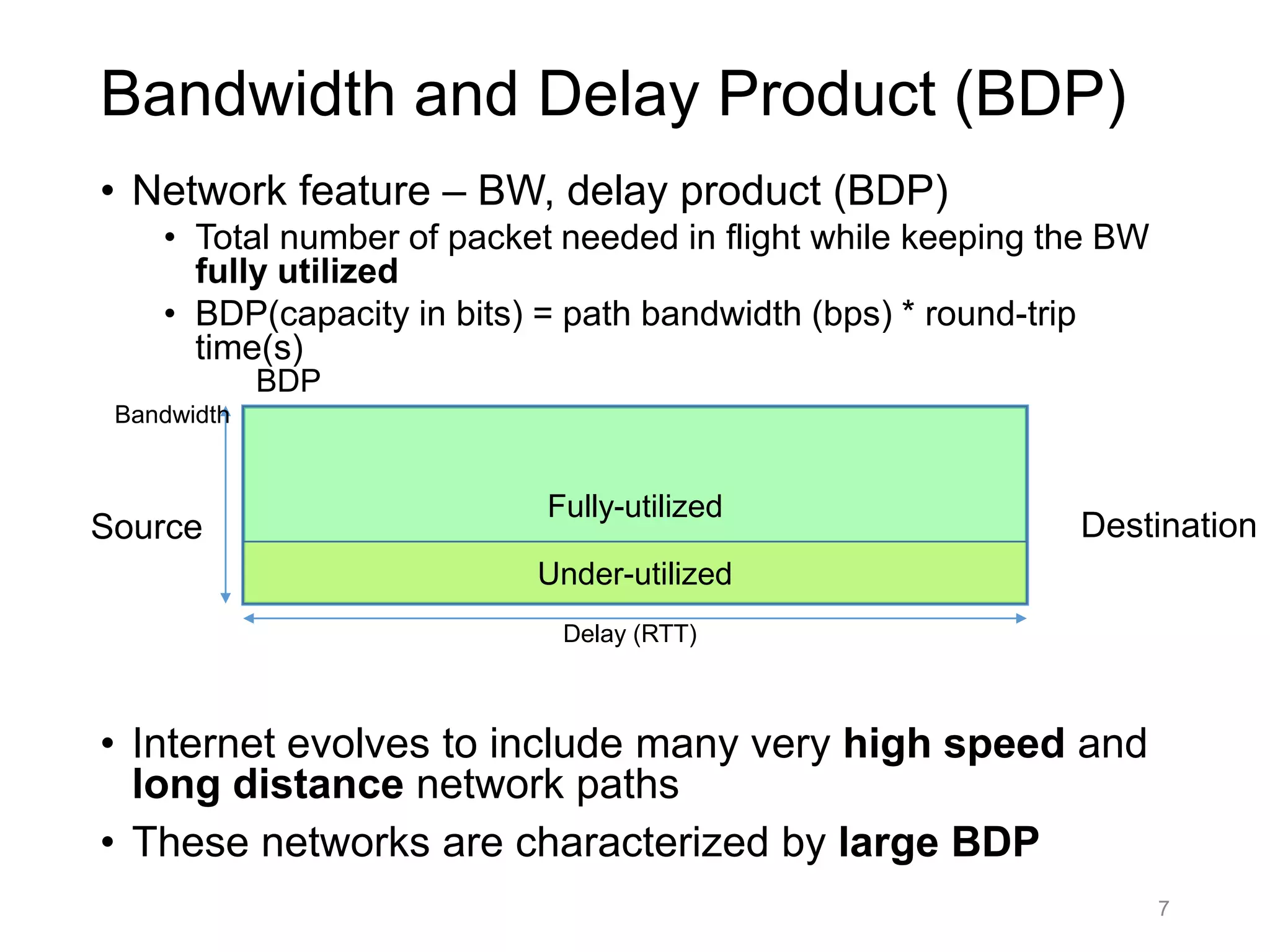 Bandwidth and Delay Product (BDP)
• Network feature – BW, delay product (BDP)
• Total number of packet needed in flight while keeping the BW
fully utilized
• BDP(capacity in bits) = path bandwidth (bps) * round-trip
time(s)
• Internet evolves to include many very high speed and
long distance network paths
• These networks are characterized by large BDP
Source Destination
Delay (RTT)
Bandwidth
Fully-utilized
Under-utilized
BDP
7
 