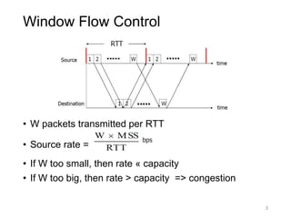 Window Flow Control
• W packets transmitted per RTT
• Source rate =
• If W too small, then rate « capacity
• If W too big, then rate > capacity => congestion
3
 