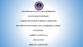 UNIVERSIDAD NACIONAL DE CHIMBORAZO
FACULTAD DE INGENIERIA
CARRERA DE GESTIÓN TURÍSTICA Y HOTELERA
DIAGNÓSTICO SITUACIONAL DE LA PARROQUIA CUBJIES
ESTUDIANTE
GABRIELA NASTACUAZ
AÑO LECTIVO
ABRIL 2017- AGOSTO 2017
 