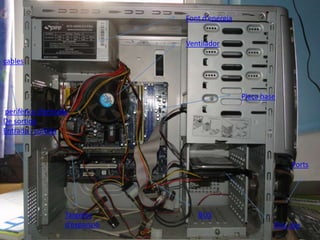 Font d’energia


                                Ventilador

cables



                                                 Placa base
perifèrics d’entrada
De sortida
Entrada i sortida



                                                               Ports




                   Targetes        BUS
                   d’expansió                             Disc dur
 