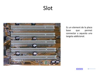 Slot


       Es un element de la placa
       base      que       permet
       connectar a aquesta una
       targeta addicional.




                 enrere
 