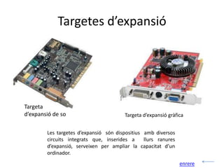 Targetes d’expansió




Targeta
d’expansió de so                        Targeta d’expansió gràfica


        Les targetes d’expansió són dispositius amb diversos
        circuits integrats que, inserides a     llurs ranures
        d’expansió, serveixen per ampliar la capacitat d’un
        ordinador.
                                                                enrere
 