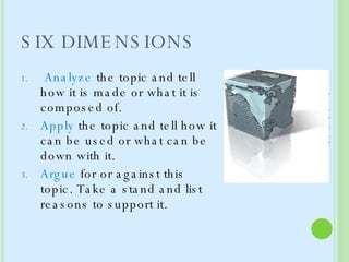 SIX DIMENSIONS Analyze  the topic and tell how it is made or what it is composed of. Apply  the topic and tell how it can be used or what can be down with it. Argue  for or against this topic. Take a stand and list reasons to support it.  Jessica L. Sepúlveda Rivera 