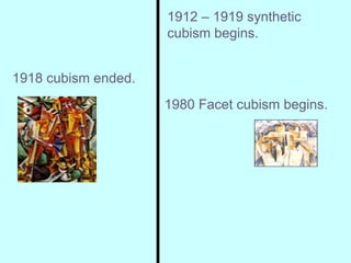 1918 cubism ended.   1980 Facet cubism begins.   1912 – 1919 synthetic cubism begins.   