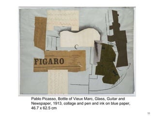 Pablo Picasso, Bottle of Vieux Marc, Glass, Guitar and Newspaper, 1913, collage and pen and ink on blue paper, 46.7 x 62.5 cm 