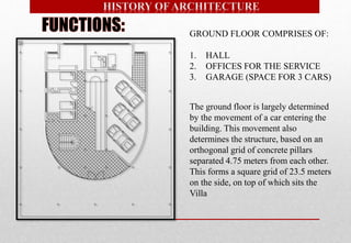 GROUND FLOOR COMPRISES OF:
1. HALL
2. OFFICES FOR THE SERVICE
3. GARAGE (SPACE FOR 3 CARS)
The ground floor is largely determined
by the movement of a car entering the
building. This movement also
determines the structure, based on an
orthogonal grid of concrete pillars
separated 4.75 meters from each other.
This forms a square grid of 23.5 meters
on the side, on top of which sits the
Villa
 