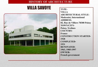 TYPE-
VILLA
ARCHITECTURAL STYLE-
Modernist, International
ADDRESS-
82, Rue de Villiers 78300 Poissy
TOWN/CITY-
Poissy, Yvelines
COUNTRY-
France
CONSTRUCTION STARTED-
1928
COMPLETED-
1931
RENOVATED-
1963, 1985-1997
OWNER-
French government
 