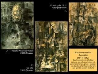 El portuguès 1912
                               Georges Braque




Retrat d’Ambroise Vollard
          (1910) Picasso                              Cubisme analític
                                                         -hermètic-
                                                       (1911-1912)
                                                    Es el moment més difícil del
                                                 cubisme, els colors es limiten a la
                                                gamma de torrats, grisos i negres, i
                                                 els objectes s'han fragmentat tant
                 Ma jolie                          que gairebé queden destruïts
         (1911) Picasso
 