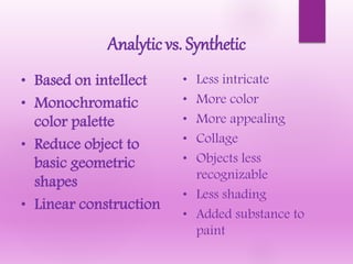 Analytic vs. Synthetic
• Based on intellect
• Monochromatic
color palette
• Reduce object to
basic geometric
shapes
• Linear construction
• Less intricate
• More color
• More appealing
• Collage
• Objects less
recognizable
• Less shading
• Added substance to
paint
 