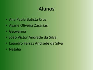 AlunosAna Paula Batista CruzAyane Oliveira ZacariasGeovannaJoão Victor Andrade da SilvaLeandro Ferraz Andrade da SilvaNatália
