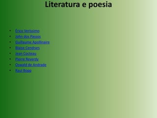 Literatura e poesiaÉrico VeríssimoJohn dos PassosGuillaume ApollinaireBlaiseCendrarsJean CocteauPierre ReverdyOswald de AndradeRaul Bopp