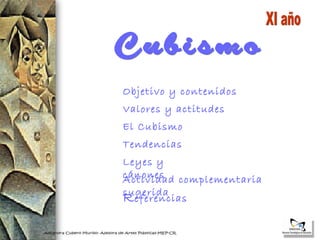 Valores y actitudes Tendencias El Cubismo Cubismo R eferencias Objetivo y contenidos Actividad complementaria sugerida  XI año Leyes y cánones  