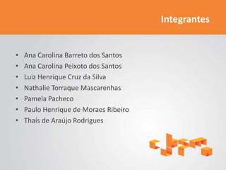 Integrantes


•   Ana Carolina Barreto dos Santos
•   Ana Carolina Peixoto dos Santos
•   Luiz Henrique Cruz da Silva
•   Nathalie Torraque Mascarenhas
•   Pamela Pacheco
•   Paulo Henrique de Moraes Ribeiro
•   Thaís de Araújo Rodrigues
 