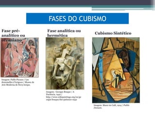 FASES DO CUBISMO
Fase préanalítico ou
cézaniano

Fase analítica ou
hermética

Cubismo Sintético

Imagem: Pablo Picasso / Les
demoiselles d'Avignon / Museu de
Arte Moderna de Nova Iorque.
Imagem: Georges Braque / A
Paciência, 1942 /
http://www.wikipaintings.org/en/ge
orges-braque/the-patience-1942
Imagem: Mann im Café, 1914 / Public
Domain.

 