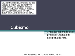 JOÃO PAULO VIEIRA ALVES DOS SANTOS
JOICIANE MARIA LEANDRO SANTOS
JOSÉ ERISVALDO CORREIA DA SILVA
JOSEFA FERNANDA DA SILVA DE LIMA
KEYLLA KEYTH MACÊDO DA SILVA
LAÍSA STÉPHANIE TENÓRIO DA SILVA

Cubismo
Trabalho solicitado pelo
professor Judivan da
disciplina de Arte.

IFAL ARAPIRACA-AL 17 DE DEZEMBRO DE 2013

 