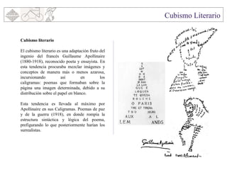 Cubismo literario
El cubismo literario es una adaptación fruto del
ingenio del francés Guillaume Apollinaire
(1880-1918), reconocido poeta y ensayista. En
esta tendencia procuraba mezclar imágenes y
conceptos de manera más o menos azarosa,
incursionando así en los
caligramas: poemas que formaban sobre la
página una imagen determinada, debido a su
distribución sobre el papel en blanco.
Esta tendencia es llevada al máximo por
Apollinaire en sus Caligramas. Poemas de paz
y de la guerra (1918), en donde rompía la
estructura sintáctica y lógica del poema,
prefigurando lo que posteriormente harían los
surrealistas.
 