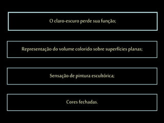 O claro-escuro perde sua função;
Sensação de pinturaescultórica;
Cores fechadas.
Representação do volume colorido sobre superfícies planas;
 