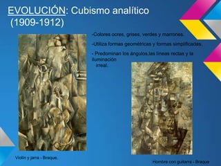 EVOLUCIÓN: Cubismo analítico
(1909-1912)
-Colores ocres, grises, verdes y marrones.
-Utiliza formas geométricas y formas simplificadas.
- Predominan los ángulos,las líneas rectas y la
iluminación
irreal.
Violín y jarra - Braque.
Hombre con guitarra - Braque
 