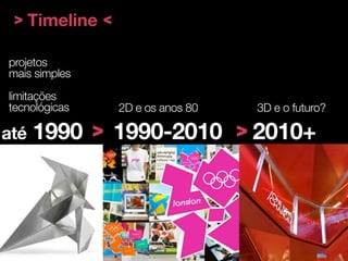 > Timeline <

projetos
mais simples
limitações
tecnológicas    2D e os anos 80   3D e o futuro?

até   1990 > 1990-2010 > 2010+
 