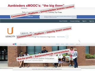 Pagina 12
Aanbieders xMOOC’s: “the big three”
Pagina 12
Commercieel – Platform – Universiteiten leveren content
Commercieel – Platform – Udacity levert content
Not-for-profit – Samenwerkende universiteiten
 