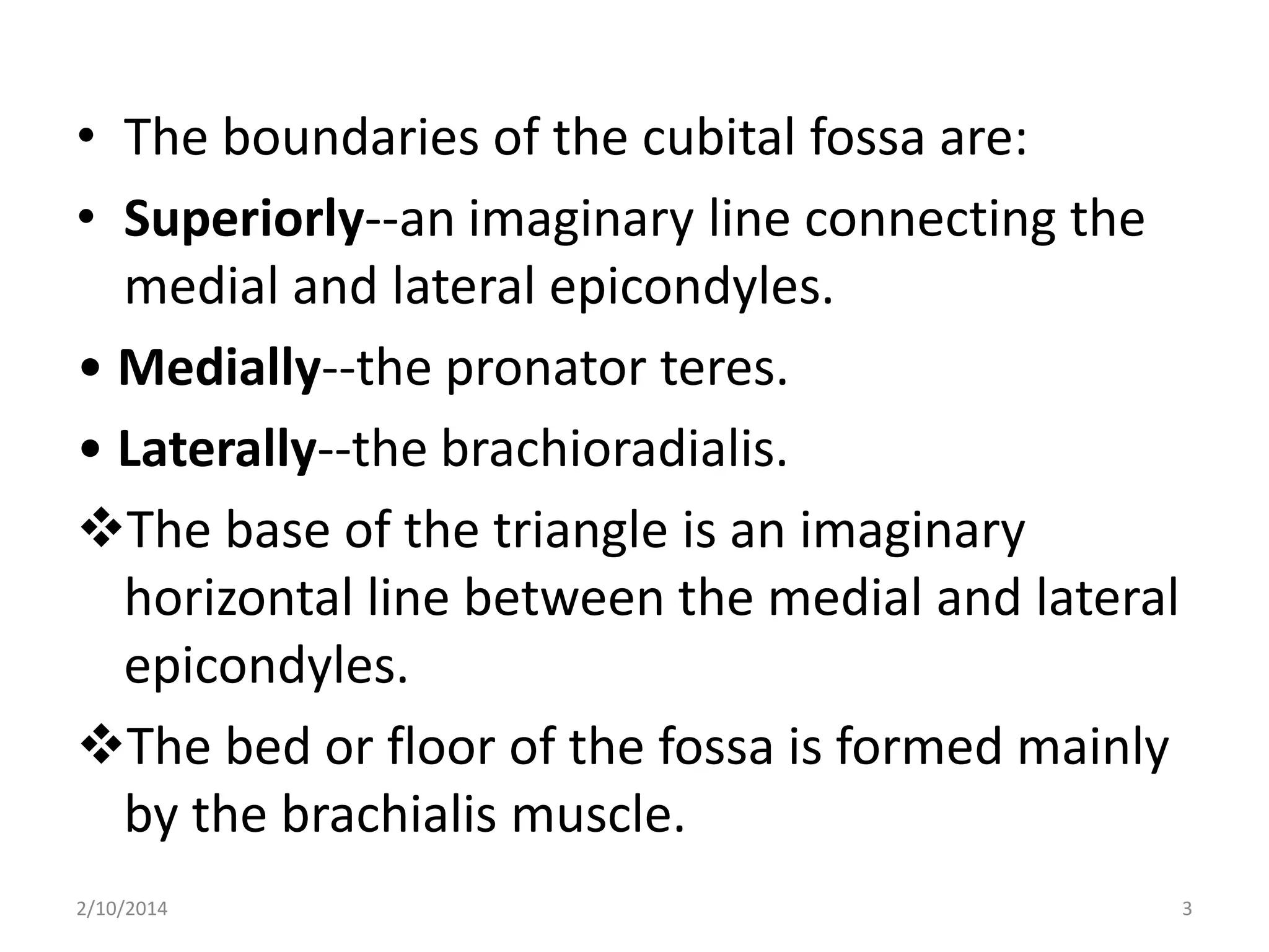 • The boundaries of the cubital fossa are:
• Superiorly--an imaginary line connecting the
medial and lateral epicondyles.
• Medially--the pronator teres.
• Laterally--the brachioradialis.
The base of the triangle is an imaginary
horizontal line between the medial and lateral
epicondyles.
The bed or floor of the fossa is formed mainly
by the brachialis muscle.
2/10/2014

3

 
