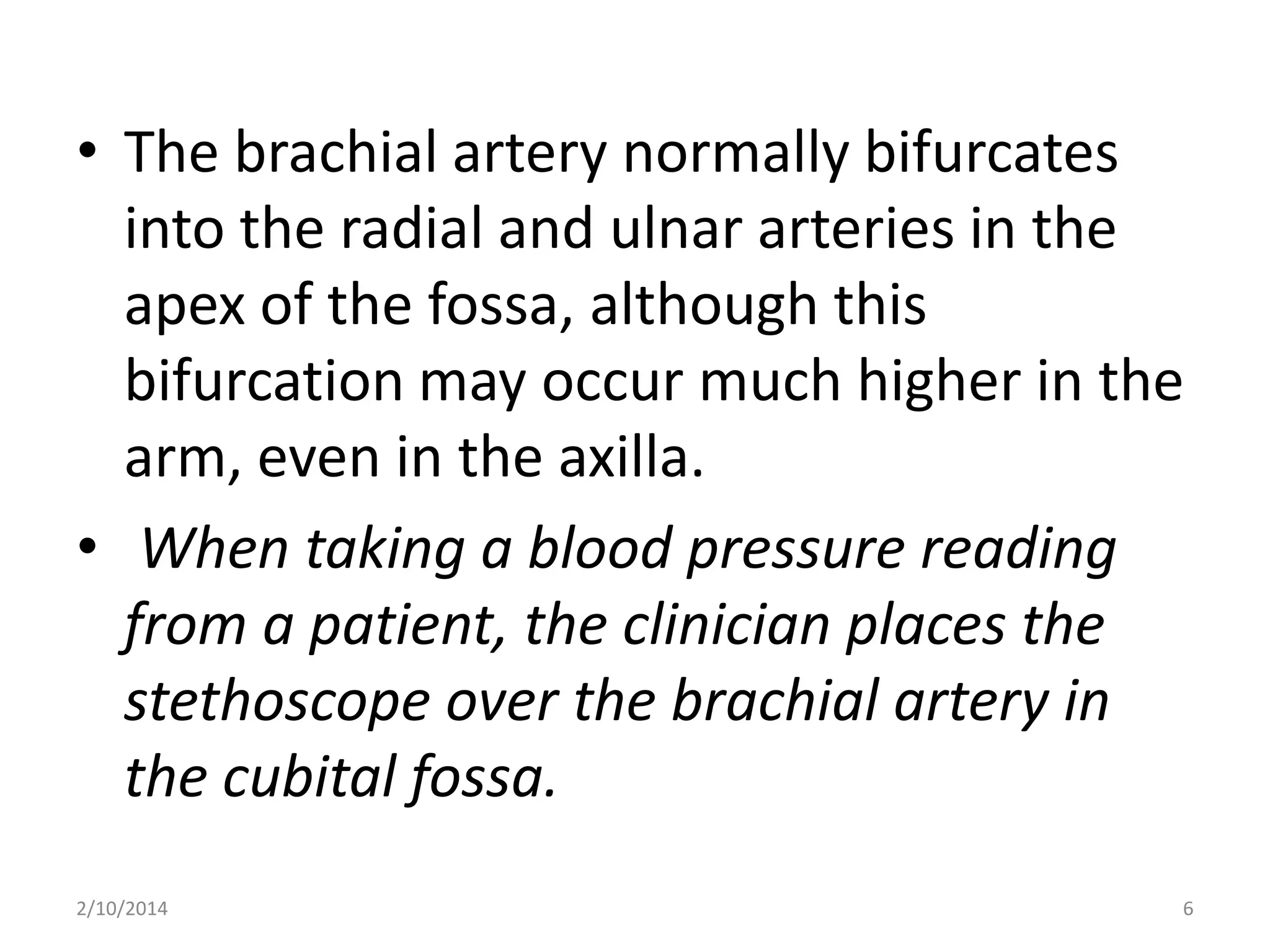 • The brachial artery normally bifurcates
into the radial and ulnar arteries in the
apex of the fossa, although this
bifurcation may occur much higher in the
arm, even in the axilla.
• When taking a blood pressure reading
from a patient, the clinician places the
stethoscope over the brachial artery in
the cubital fossa.
2/10/2014

6

 