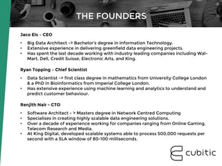 Jaco Els – CEO

•  Big Data Architect -> Bachelor's degree in Information Technology. 
•  Extensive experience in delivering greenfield data engineering projects. 
•  Has spent the last decade working with industry leading companies including Wal-
Mart, Dell, Credit Suisse, Electronic Arts, and King. 

Ryan Topping – Chief Scientist

•  Data Scientist -> first class degree in mathematics from University College London
& a PhD in Bioinformatics from Imperial College London.
•  Has extensive experience using machine learning and analytics to understand and
predict customer behaviour.

Renjith Nair - CTO

•  Software Architect - > Masters degree in Network Centred Computing
•  Specialises in creating highly scalable data engineering solutions. 
•  Over a decade of experience working for companies ranging from Online Gaming,
Telecom Research and Media. 
•  At King Digital, developed scalable systems able to process 500,000 requests per
second with a SLA window of 80-100 milliseconds. 



THE FOUNDERS
 