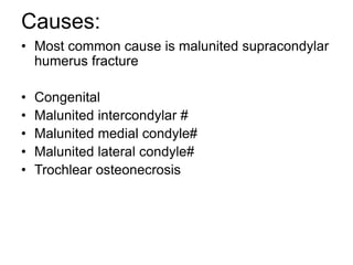 Causes:
• Most common cause is malunited supracondylar
humerus fracture
• Congenital
• Malunited intercondylar #
• Malunited medial condyle#
• Malunited lateral condyle#
• Trochlear osteonecrosis
 
