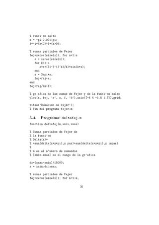 % Funci’on salto
x = -pi:0.001:pi;
f=-1*(x<0)+1*(x>0);

% sumas parciales de Fejer
fej=zeros(size(x)); for n=1:m
    s = zeros(size(x));
    for k=1:n
        s=s+((1-(-1)^k)/k)*sin(k*x);
    end
    s = 2/pi*s;
    fej=fej+s;
end
fej=fej/(m+1);

% gr’afica de las sumas de Fejer y de la funci’on salto
plot(x, fej, ’r’, x, f, ’b’),axis([-4 4 -1.5 1.5]),grid;

title(’Sumaci´n de Fej´r’);
             o        e
% Fin del programa fejer.m

5.4.    Programa: deltafej.m
function deltafej(m,xmin,xmax)

%   Sumas parciales de Fejer de
%   la funci’on
%   Delta(x)=
%   =sum(delta(x+z*pi),z par)+sum(delta(x+z*pi),z impar)
%
%   m es el n’umero de sumandos
%   [xmin,xmax] es el rango de la gr’afica

dx=(xmax-xmin)/15000;
x = xmin:dx:xmax;

% sumas parciales de Fejer
fej=zeros(size(x)); for n=1:m,

                                 36
 