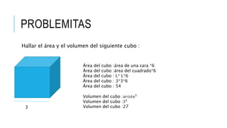 PROBLEMITAS
Hallar el área y el volumen del siguiente cubo :
3
Área del cubo :área de una cara *6
Área del cubo :área del cuadrado*6
Área del cubo : L* L*6
Área del cubo : 3*3*6
Área del cubo : 54
Volumen del cubo :𝑎𝑟𝑖𝑠𝑡𝑎3
Volumen del cubo :33
Volumen del cubo :27