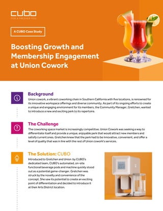 A CUBO Case Study
Background
Boosting Growth and
Membership Engagement
at Union Cowork
Union cowork, a vibrant coworking chain in Southern California with �ve locations, is renowned for
its innovative workspace o�erings and diverse community. As part of its ongoing e�orts to create
a unique and engaging environment for its members, the Community Manager, Gretchen, wanted
to introduce a new and exciting perk to its repertoire.
The Challenge
The coworking space market is increasingly competitive. Union Cowork was seeking a way to
di�erentiate itself and provide a unique, enjoyable perk that would attract new members and
satisfy current ones. Gretchen knew that the perk had to be innovative, convenient, and o�er a
level of quality that was in line with the rest of Union cowork's services.
The Solution: CUBO
Introduced to Gretchen and Union by CUBO's
dedicated team, CUBO's automated, on-site
functional beverage pods and machine quickly stood
out as a potential game-changer. Gretchen was
struck by the novelty and convenience of the
concept. She saw its potential to create an exciting
point of di�erentiation and decided to introduce it
at their Arts District location.
 