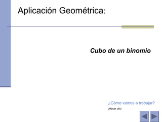 Aplicación Geométrica:



                  Cubo de un binomio




                         ¿Cómo vamos a trabajar?
                         ¡Hacer clic!
 