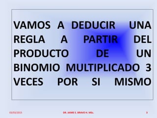 VAMOS A DEDUCIR UNA
REGLA A PARTIR DEL
PRODUCTO DE UN
BINOMIO MULTIPLICADO 3
VECES POR SI MISMO
03/03/2015 DR. JAIME E. BRAVO H. MSc. 3
 