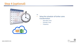 Step 4 (optional)
www.cubodrom.com
…
• Setup the scheduler of further same
transformation
– Start date / time
– End date /...