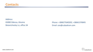 Contacts
www.cubodrom.com CuboDrom
Address:
65000 Odessa, Ukraine
Botanicheskiy Ln, office 34
Phone: +380677640202; +38661...