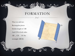 FORMATION
Then we add two
Rectangular pieces D
Similar length of AB
And CD in both sides
AB , CD Of the
rectangle ABCD. B
C
A
 