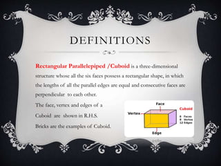 DEFINITIONS
Rectangular Parallelepiped /Cuboid is a three-dimensional
structure whose all the six faces possess a rectangular shape, in which
the lengths of all the parallel edges are equal and consecutive faces are
perpendicular to each other.
The face, vertex and edges of a
Cuboid are shown in R.H.S.
Bricks are the examples of Cuboid.
 