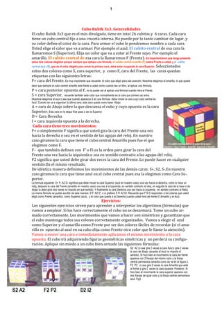 1



                               Cubo Rubik 3x3. Generalidades
El cubo Rubik 3x3 que es el más divulgado, tiene en total 26 cubitos y 6 caras. Cada cara
tiene un cubo central fijo a una cruceta interna. No puede por lo tanto cambiar de lugar, y
su color define el color de la cara. Para armar el cubo le pondremos nombre a cada cara.
Usted elige el color que va a armar: Por ejemplo el azul. El cubito central de esa cara la
llamaremos S (Superior). Elija un color que va a estar al Frente suyo. Por ejemplo el
amarillo. El cubito central de esa cara la llamaremos F (Frente). Es importantísimo que tenga presente
estos dos colores elegidos porque siempre que aplique una fórmula, el cubito central amarillo (F) estará Frente a usted, y el cubito
central azul (S), que es el color elegido para armar la primera cara, debe estar ocupando la cara Superior. Seleccionados
estos dos colores como S, cara superior, y como F, cara del Frente, las caras quedan
etiquetas con las siguientes letras:
F= cara del Frente. Es muy importante que recuerde el color que eligió para esa posición. Nosotros elegimos el amarillo, lo que quiere
decir que siempre el cubo central amarillo está frente a usted como cuando lee un libro, al aplicar una fórmula.
P = cara posterior opuesta al F, no la puede ver al aplicar una fórmula cuando mira el Frente.
S = cara Superior, recuerde también este color que normalmente es la cara que primero se arma.
Nosotros elegimos el azul o sea que cuando aparezca S en una fórmula debe mover la cara cuyo cubo central es
Azul. Cuando se va a organizar la última cara, esta cara queda como base: Abajo
A = cara de Abajo sobre la que descansa el cubo y cuyo opuesta es la cara
Superior. Esta cara en la etapa final pasa a ser la Superior.
D = Cara Derecha
I = cara izquierda opuesta a la derecha.
 Cada cara tiene tres movimientos:
F+ o simplemente F significa que usted gira la cara del Frente una vez
hacia la derecha o sea en el sentido de las agujas del reloj. En nuestro
caso giramos la cara que tiene el cubo central Amarillo pues fue el que
elegimos como F.
F– que también definen con F’ o Fi es la orden para girar la cara del
Frente una vez hacia la izquierda o sea en sentido contrario a las agujas del reloj.
F2 significa que usted debe girar dos veces la cara del Frente. Lo puede hacer en cualquier
sentido.Da el mismo resultado.
De idéntica manera definimos los movimientos de las demás caras: S+, S2, S-.En nuestro
caso giramos la cara que tiene azul en el cubo central pues esa la elegimos como Cara Su-
perior.
La formula siguiente: S+ F- A2 D- significa que debe mover la cara Superior (azul en nuestro caso) una vez hacia la derecha, como lo hace un
reloj, después la cara del Frente (amarillo en nuestro caso) una vez a la izquierda, en sentido contrario al reloj, en seguida la cara de la base o de
Abajo la debe girar dos veces no importa en qué sentido. Y finalmente la cara Derecha una vez hacia la izquierda, en sentido contrario al Reloj.
La misma fórmula se puede escribir de esta manera: S F’ A2 D’, o si prefiere S Fi A2 Di. Recuerde que F S D responden a los colores que usted
eligió como Frente (amarillo), como Superior (azul), y el color que queda a la Derecha cuando usted mira de frente El Amarillo y el Azul.
                                          Ejercicios:
Los siguientes ejercicios sirven para aprender a interpretar los algoritmos (fórmulas) que
vamos a emplear. Si los hace correctamente el cubo no se desarmará. Tome un cubo ar-
mado correctamente. Los movimientos que vamos a hacer son simétricos y garantizan que
el cubo mantenga todos sus colores correctamente organizados. Vamos a elegir el azul
como Superior y el amarillo como Frente por ser dos colores fáciles de recordar (si el ama-
rillo es opuesto al azul en su cubo elija como Frente otro color que le llame la atención).
Vamos a mover una cara e inmediatamente aplicamos el mismo movimiento a la cara
opuesta. El cubo irá adquiriendo figuras geométricas simétricas y no perderá su configu-
ración. Aplique sin miedo a un cubo bien armado las siguientes fórmulas:
                                                                                             S2 A2 (o sea gire 2 veces la cara Azul y gire 2 veces
                                                                                             la cara de Abajo, opuesta al Azul no importa el
                                                                                             sentido). Si hizo bien el movimiento la cara del frente
                                                                                             aparece con 2 franjas del mismo color y la franja
                                                                                             central permanece amarilla como se ve en la figura 2.
                                                                                             F2 P2 (o sea gire 2 veces la cara Amarilla que está
                                                                                             al frente y gire 2 veces la cara opuesta: Posterior. Si
                                                                                             hizo bien el movimiento la cara superior aparece con
                                                                                             dos franjas de igual color y la franja central permanece
                                                                                             azul. Fig3
 