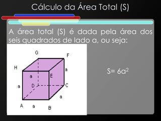 Cálculo da Área Total (S)
A área total (S) é dada pela área dos
seis quadrados de lado a, ou seja:
S= 6a2
 