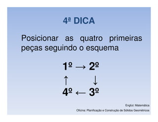 4ª DICA
Posicionar as quatro primeiras
peças seguindo o esquema

          1º → 2º
          ↑     ↓
          4º ← 3º
                                                   Engfut: Matemática
             Oficina: Planificação e Construção de Sólidos Geométricos
 