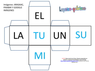 EL
LA
MI
SUTU UN
AUTOR: María José de Luis Flores. Maestra especialista en
Audición y Lenguaje-Psicopedagoga. Autora del blog
http://lapsico-goloteca.blogspot.com.es LICENCIA CC (BY-NC-SA)
MADRID 2017
Imágenes: ARASAAC,
PIXABAY Y GOOGLE
IMÁGENES
 