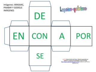 DE
CON A POREN
SE AUTOR: María José de Luis Flores. Maestra especialista en
Audición y Lenguaje-Psicopedagoga. Autora del blog
http://lapsico-goloteca.blogspot.com.es LICENCIA CC (BY-NC-SA)
MADRID 2017
Imágenes: ARASAAC,
PIXABAY Y GOOGLE
IMÁGENES
 